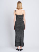 Back full length image of model wearing Lorenia Dress in BLACK/SILVER