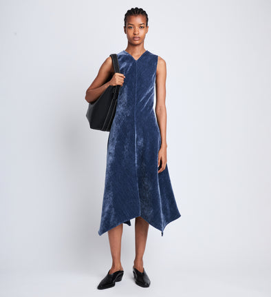 Front full length image of model wearing Layla Dress in STEEL BLUE