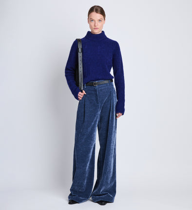 Front full length image of model wearing Aria Pant in STEEL BLUE