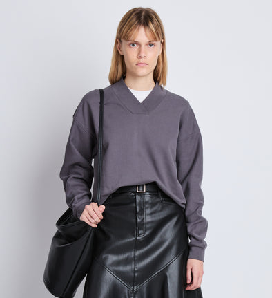 Front cropped image of model wearing Olivia Sweatshirt in GRAPHITE