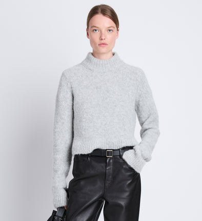 Front cropped image of model wearing Brigitt Sweater in LIGHT GREY MELANGE