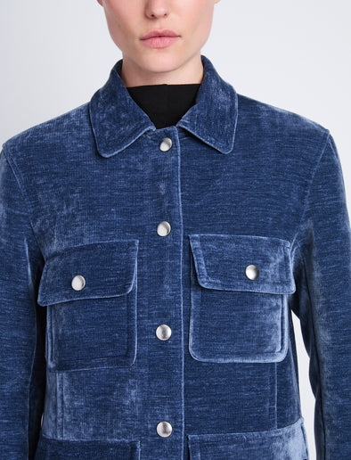 Detail image of model wearing Stella Jacket in STEEL BLUE