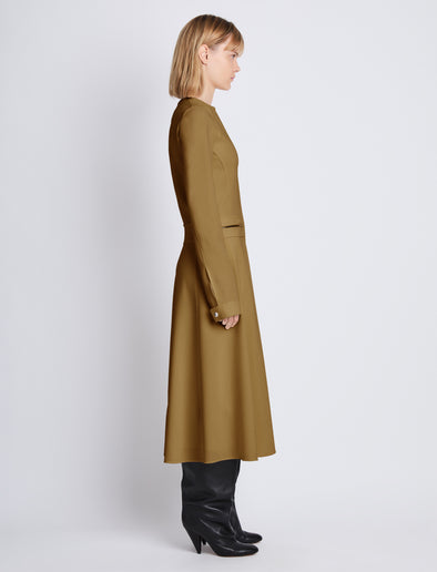 Side image of model wearing Joanne Dress In Matte Viscose Crepe in fatigue
