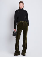 Front image of model wearing Marie Pant In Velvet Suiting in olive