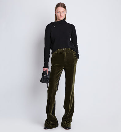 Front image of model wearing Marie Pant In Velvet Suiting in olive