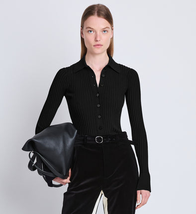 Front cropped image of model wearing Midweight Viscose Rib Cardigan in BLACK Edit alt text