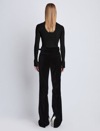 Back full length image of model wearing Midweight Viscose Rib Cardigan in BLACK