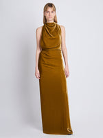 Front image of model wearing Faye Backless Twist Back Dress In Velvet in ochre