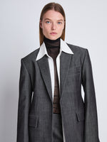 Detail image of model wearing Laurie Jacket in GREY MELANGE