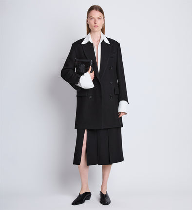 Front full length image of model wearing Henri Coat in BLACK
