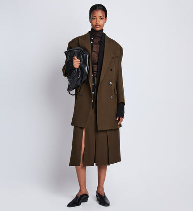 Front full length image of model wearing Henri Coat in DARK LODEN