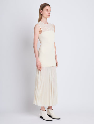 Side full length image of model wearing Niki Dress in ECRU