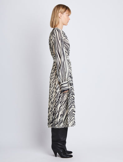 Side full length image of model wearing Carol Dress in ECRU MULTI