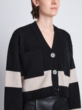 Detail image of model wearing Sofia Cardigan In Striped Cahsmere in BLACK MULTI