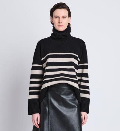 Front cropped image of model wearing Sandra Turtleneck In Striped Doubleface Cashmere in BLACK MULTI