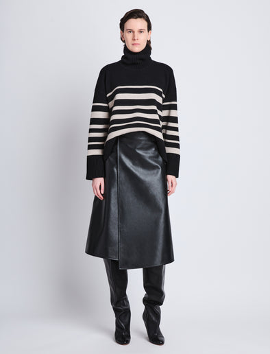 Front full length image of model wearing Sandra Turtleneck In Striped Doubleface Cashmere in BLACK MULTI