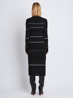 Back full length image of model wearing Rachel Dress in BLACK MULTI