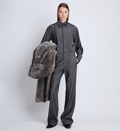 Front full length image of model wearing Barbara Pant In Melange Wool in GREY MELANGE