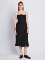Front full length image of model wearing Corinne Strapless Top in BLACK