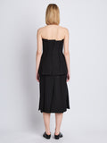 Back full length image of model wearing Corinne Strapless Top in BLACK