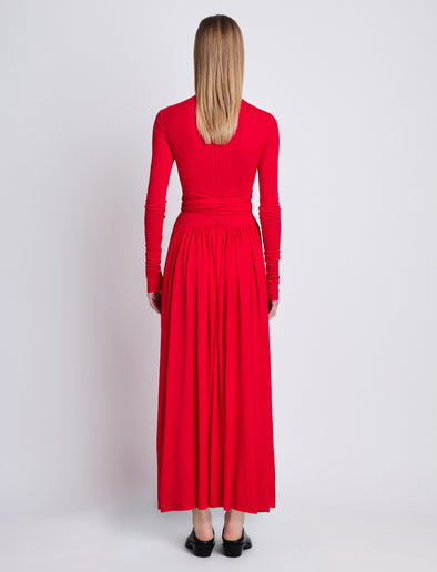 Back full length image of model wearing Meret Dress in RED