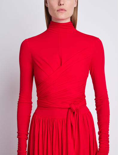 Front full length image of model wearing Meret Dress in RED
