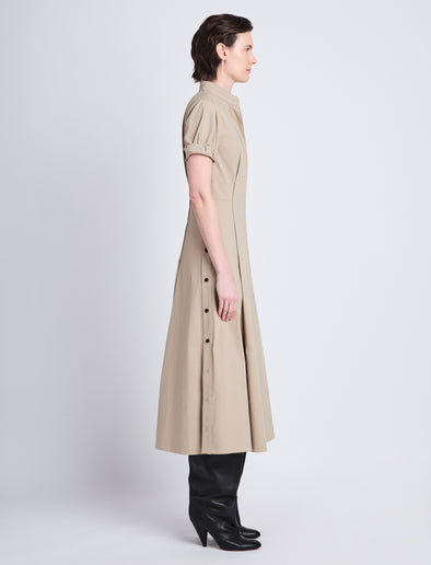 Side full length image of model wearing Tracey Dress in KHAKI