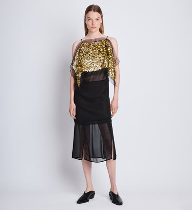 Front full length image of model wearing Zaha Dress In Embroidered Metallic Silk in BLACK MULTI