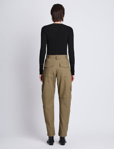 Back image of model wearing Jackson Cargo Pant In Cotton Twill in DARK KHAKI