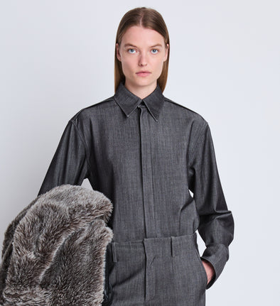 Front cropped image of model wearing Maya Shirt In Melange Wool in GREY MELANGE