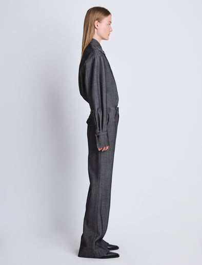 Side full length image of model wearing Maya Shirt In Melange Wool in GREY MELANGE