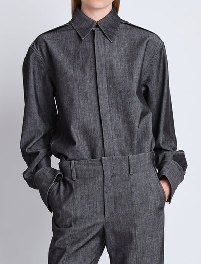 Detail image of model wearing Maya Shirt In Melange Wool in GREY MELANGE