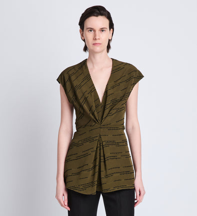 Front cropped image of model wearing Stella Top in OLIVE MULTI