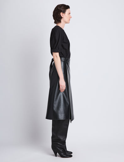 Side full length image of model wearing Georgia Top In Eco Poplin in BLACK