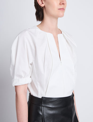 Detail image of model wearing Georgia Top In Eco Poplin in WHITE