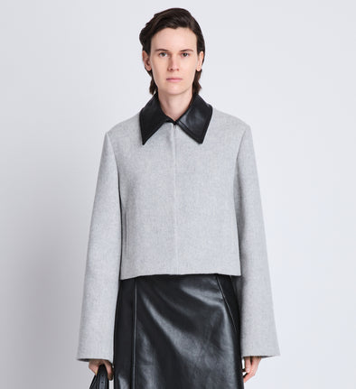 Front cropped image of model wearing Brigdet Cropped Jacket With Leather Collar in LIGHT GREY MELANGE