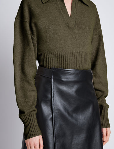 Detail image of model wearing Jeanne Polo in FATIGUE