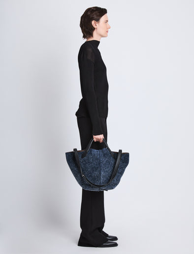 Image of model wearing Large Brushed Suede PS1 Tote in DEEP NAVY