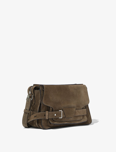 Side image of Suede Beacon Saddle Bag in TEAK