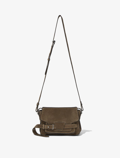 Front image of Suede Beacon Bag in TEAK with strap extended