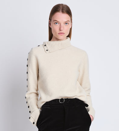 Cropped front image of model wearing Camilla Sweater In Lofty Eco Cashmere in ecru
