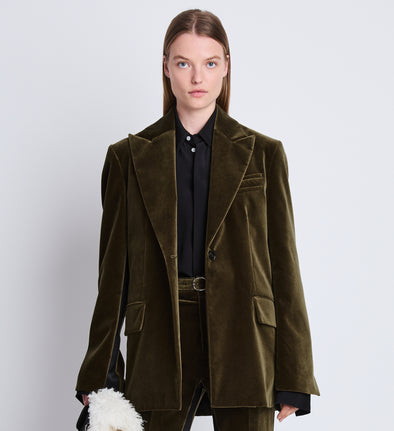 Cropped front image of model wearing Nico Jacket In Velvet Suiting in olive