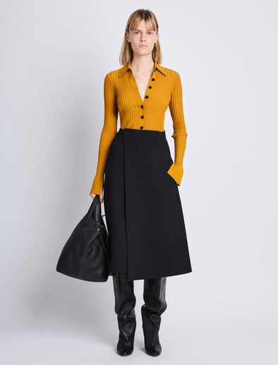 Front image of model wearing Carla Sweater In Midweight Viscose Rib in gold