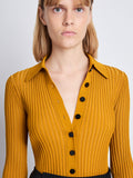 Detail image of model wearing Carla Sweater In Midweight Viscose Rib in gold