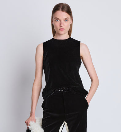 Cropped front image of model wearing Joyce Top In Matte Velvet in black