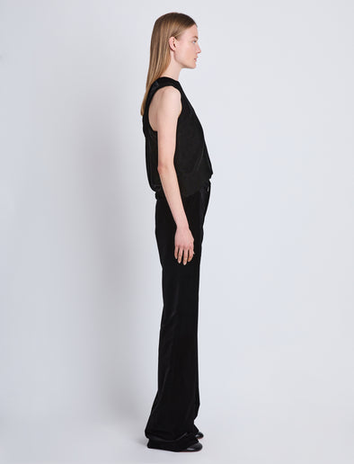 Side image of model wearing Joyce Top In Matte Velvet in black