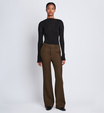 Front full length image of model wearing Barbara Pant In Textured Wool Twill in DARK LODEN