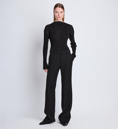 Front full length image of model wearing Barbara Pant In Textured Wool Twill in BLACK