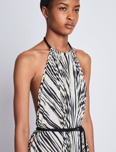Detail image of model wearing Frida Halter Dress In Printed Sheer Pleated Chiffo in ECRU MULTI
