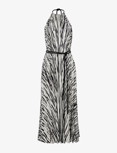 Flat image of Frida Halter Dress In Printed Sheer Pleated Chiffon in ecru multi